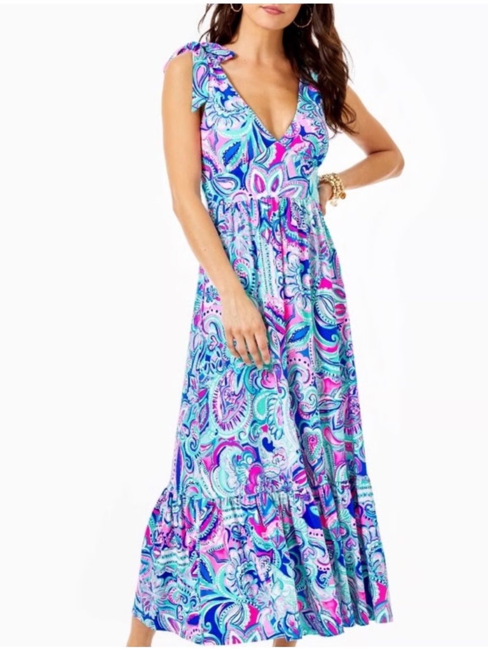Lilly Pulitzer Blue & Pink Paisley Tie-Shoulder Maxi Dress